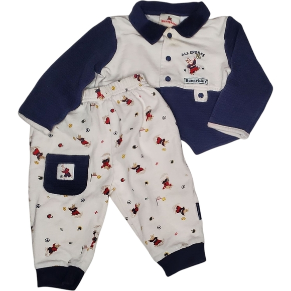 Vintage Bunnykins 2 Piece Top & Bottoms Set Navy|White All Sports Boys 6-9 Month - Picture 1 of 6